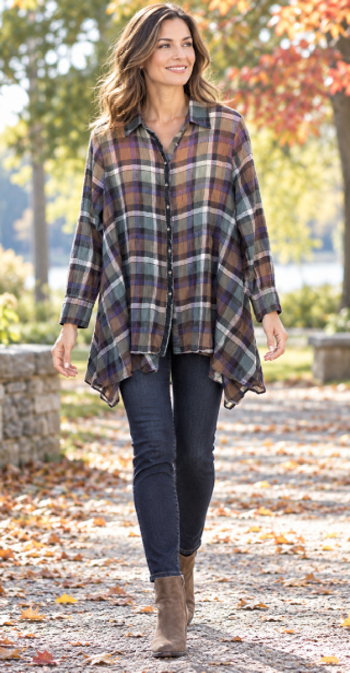 soft surroundings 38990 plaid flare cottagecore Button Up Tunic large petite